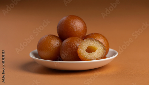 Indian Gulab Jamun with Syrup on Porcelain Saucer