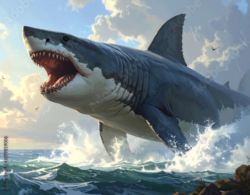 Wallpaper Mural Spectacular great white shark leaping from the ocean under a cloudy sky Torontodigital.ca