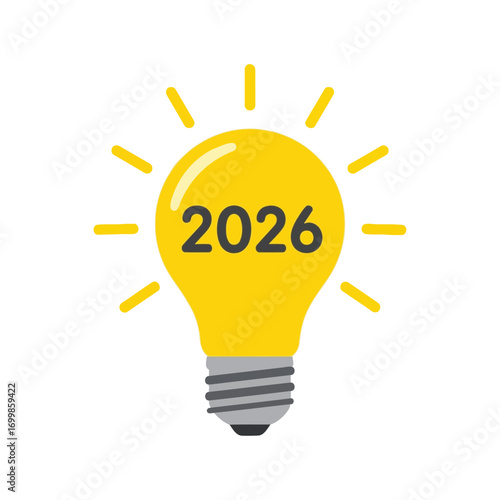 Vector art of bright yellow light bulb with the year 2026 inside