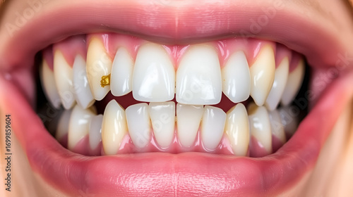 Detailed close-up of misaligned teeth in an open mouth, emphasizing the aesthetic and health implications of jaw malocclusion.