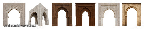 Moroccan arch set including elaborate carved, ornate, and rustic stone designs isolated. Architectural and decorative elements for design projects.