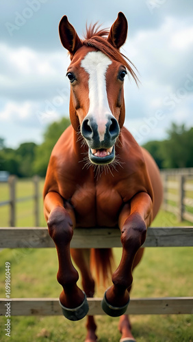 Funny horse staring directly at camera, smiling and showing teeth with front legs dangling over fence. Symbol of the Year 2026 according to the Chinese calendar