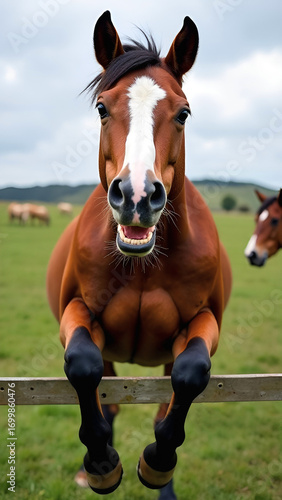 Funny horse staring directly at camera, smiling and showing teeth with front legs dangling over fence. Symbol of the Year 2026 according to the Chinese calendar