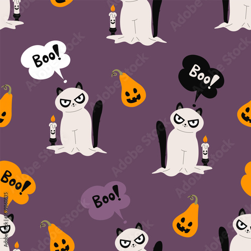 Halloween Seamless pattern. Cute Black Cat Ghost boo with Candle on purple background with Pumpkin jack o lantern. Vector illustration. Funny Template for holiday design. Not AI