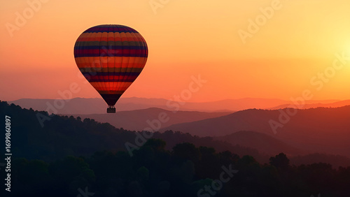 A large striped balloon flies over the forest against the background of the sunset. The concept of calm and tranquility. Dawn from a bird's eye view