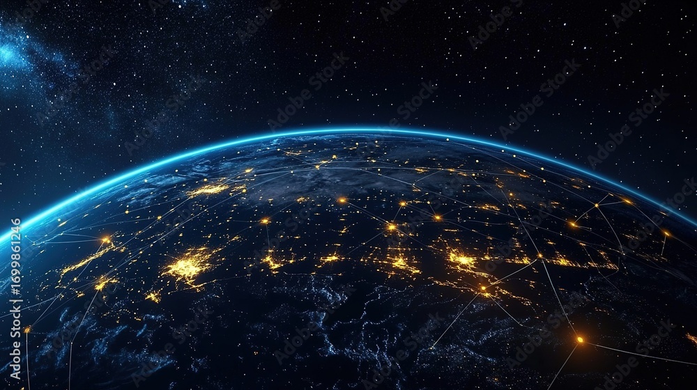 Obraz premium Digital artwork depicting Earth with glowing city connections, symbolizing global connectivity and data transfer across urban areas. Dark space background with stars highlights Earth at center