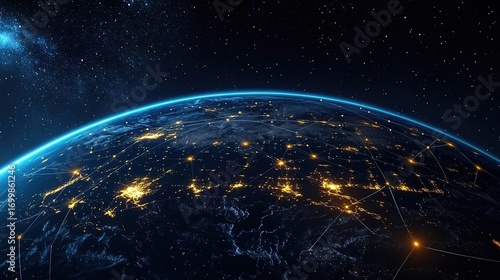Digital artwork depicting Earth with glowing city connections, symbolizing global connectivity and data transfer across urban areas. Dark space background with stars highlights Earth at center