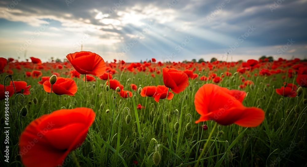 Naklejka premium Vibrant Red Poppies in a Lush Green Field with Dramatic Sky and Sunlight Beams Creating a Serene Natural Landscape