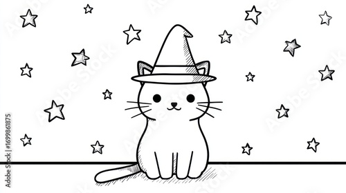Cute cartoon cat wearing a witch hat against a background of stars