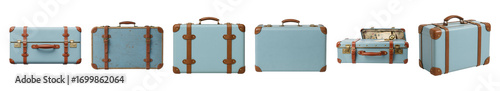 Light blue vintage suitcase set including new, distressed, and open styles isolated. Travel and journey collection.