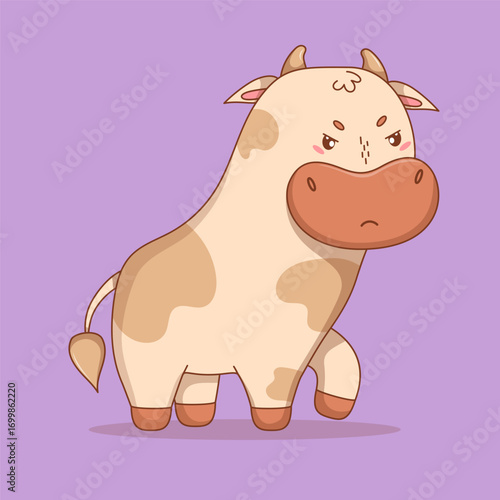 Angry Cow. Disgruntled grumpy Kawaii Animal. Vector illustration. Kids collection. Not AI