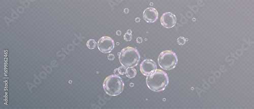 Vector soap bubble PNG, realistic glossy transparent spheres with bright reflections and glare on dark background.
