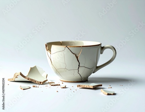 A cracked and broken white ceramic cup with pieces scattered around it, against a plain background.