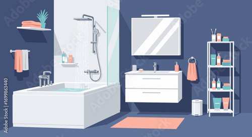 A modern minimalist bathroom with a soothing bathtub and convenient storage shelves