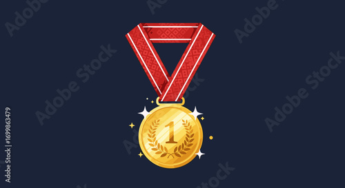 Gold first place medal awarded for achievement and excellence in competition recognizing victory and superior performance