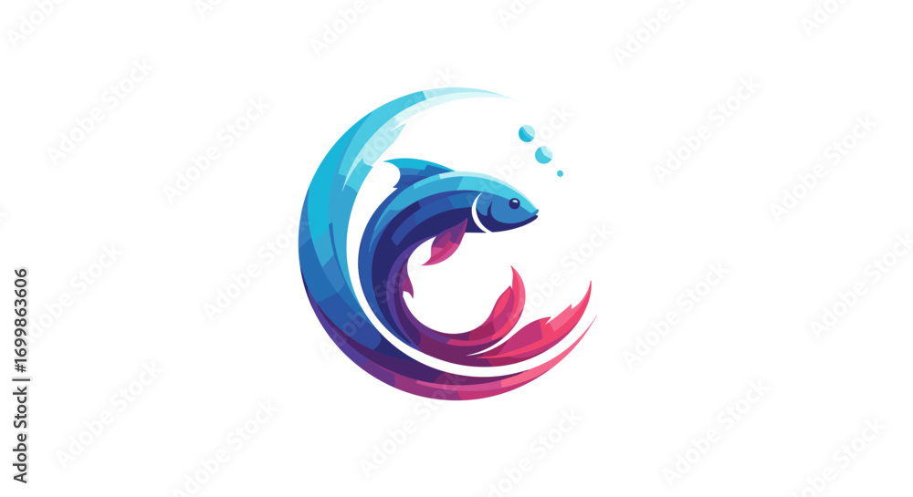 Naklejka premium Vibrant fish swimming through colorful circular waves symbolizing fluidity grace and aquatic life