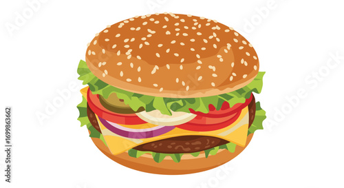 A delicious juicy hamburger with fresh lettuce tomato onion pickles and cheese on a sesame seed bun