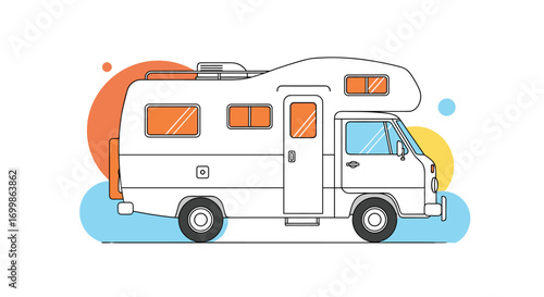 Illustrative line drawing of a white motorhome with colorful circular accents ideal for travel and adventure themes