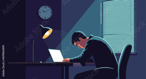 A lone individual working late into the night illuminated by desk lamp and laptop screen