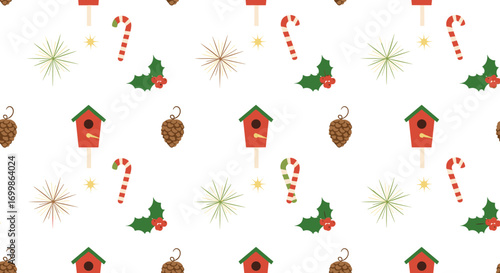 Festive holiday pattern featuring winter birds pinecones candy canes holly and sparkling stars for christmas celebrations