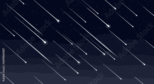 Vast dark night sky filled with numerous streaking meteor showers illuminated by distant stars