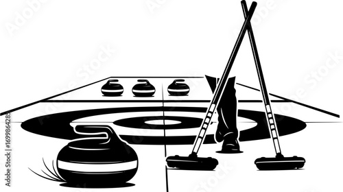 Curling sports equipment silhouette, Silhouette of curling stone, Delivery stick, Curling broom, Curling sheet etc, Curling equipment svg, Curling silhouette