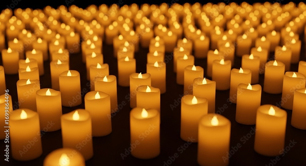 Obraz premium Many candles burning in the dark warm yellow light soft texture close up view peaceful atmosphere