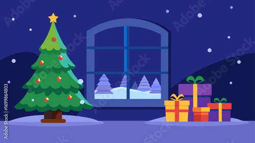 Christmas tree and gifts near the window