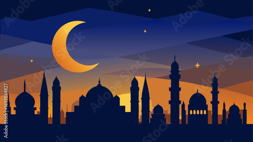 Silhouette of buildings under moonlit sky