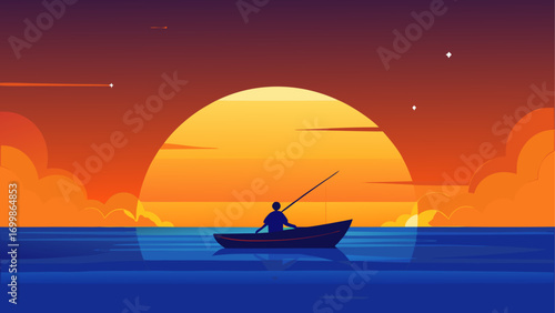 Silhouette of fisherman in boat at sunset