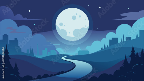 Landscape with moon and city at nighttime