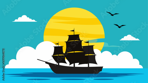 Silhouette ship sailing under the sunset