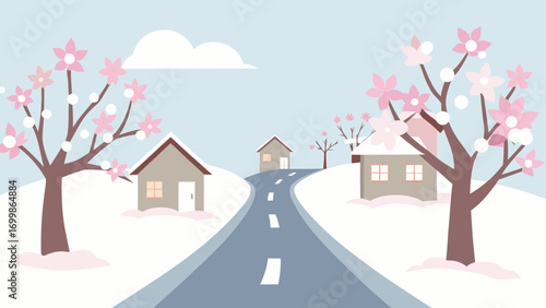 Winter scene with houses and cherry trees