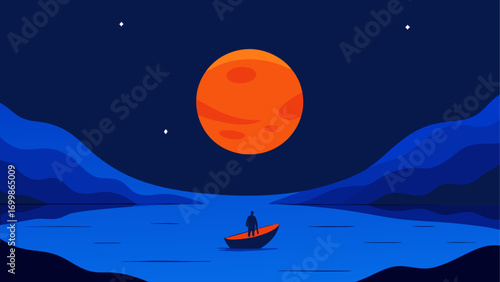 A person in a boat under the large moon