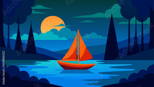 Sailboat sailing at night with full moon