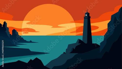 Lighthouse with sunset on the rocky coast