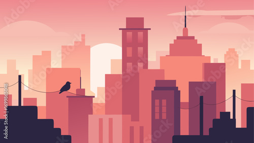 Silhouette city with bird on wire sunset