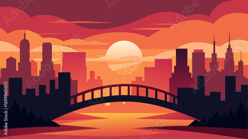 Cityscape silhouette with bridge at sunset
