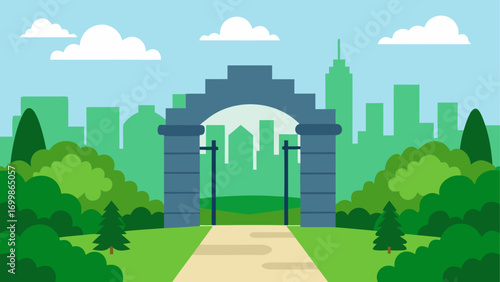 Illustration of a park with city skyline