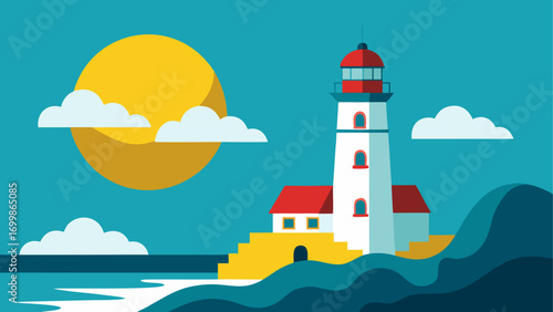 Lighthouse scene with sun and ocean view