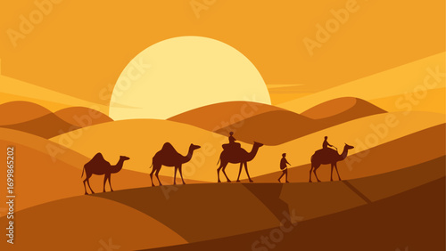 Camels walking through the desert dunes