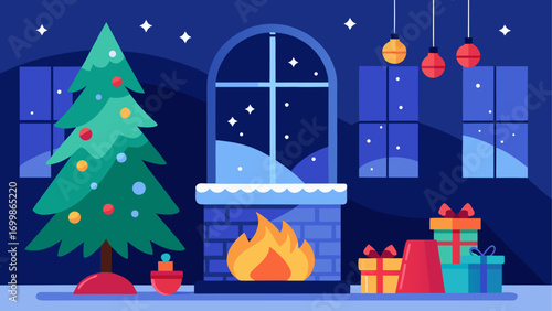 Christmas scene with tree and fireplace