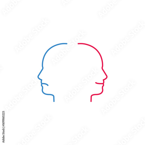 Negative and positive emotions concept, two linear face silhouettes, blue and red colors simple vector illustration
