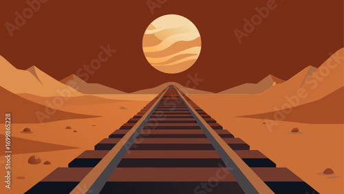 Railroad track leading to the horizon sun