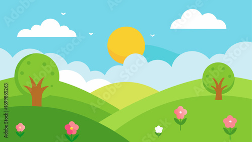 Cartoon landscape with hills and flowers