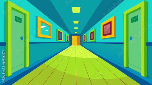 Cartoon hallway with doors and paintings