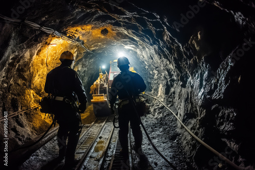 Two miners working inside dark underground tunnel with mining equipment and tracks, illuminated by bright lights creating shadows and reflections rocky walls, conveying sense of hard work