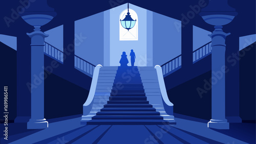 Two figures ascend a grand staircase hall