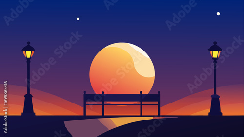 Bench and lamps with sunset in the evening