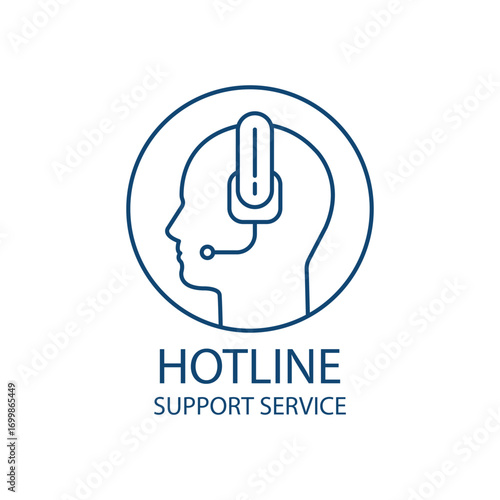 hotline or support service with thin line head. linear stroke logotype graphic lineart design isolated on white. concept of business counselor or virtual assistant or technical receptionist with mic